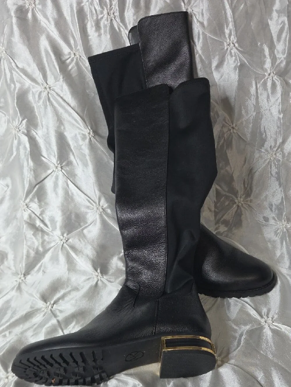 Michael Kors Black Over-the-Knee Leather Boots with Gold Heel Accent